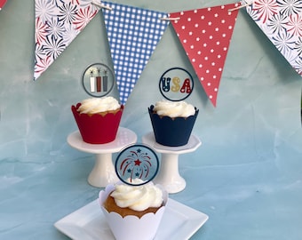 Acrylic Fourth of July Cupcake Toppers Independence Day Stars & Stripes Red White Blue Patriotic Party