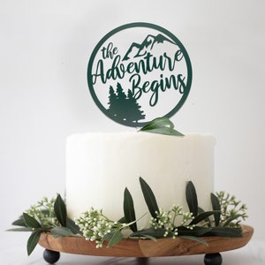 Acrylic Mountain Forest Nature Outdoor Adventure Begins Green Wedding Graduation Retirement Cake Topper