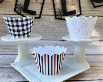 Halloween Party Decor Cupcake Wrappers Black Orange White Stripes Checkered Spirals