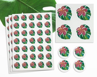 Tropical Hawaiian Wedding Shower Party Decal Sticker Round Invitation Favor Seals Pink Green