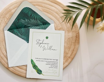 Tropical Palm Green Wedding Shower Birthday Invitation Envelope Liner, Printable, A7, Euro Flap, Square Flap, Instant Digital Download