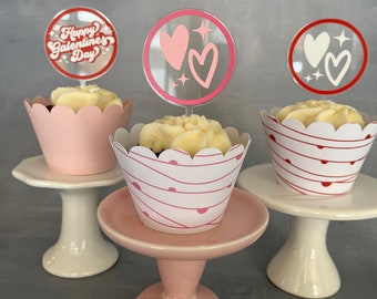 Acrylic Galentine Valentine Cupcake Toppers Red Pink Hearts Happy Galentine's Valentine's Day Party Decor