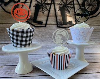 Acrylic Halloween Party Decor Cupcake Pick Toppers Ghost Pumpkin Bat White Orange Black