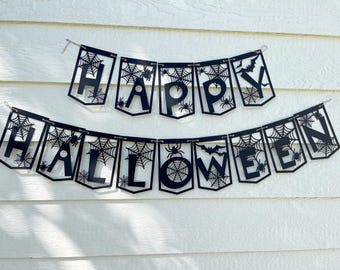 Happy Halloween Party Decor Garland Banner Spider Web Bats Black