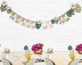 Tropical Bridal Shower Garland Banner |  Bride To Be Banner |  Gold Glitter White Pink Purple Floral Palm Leaves
