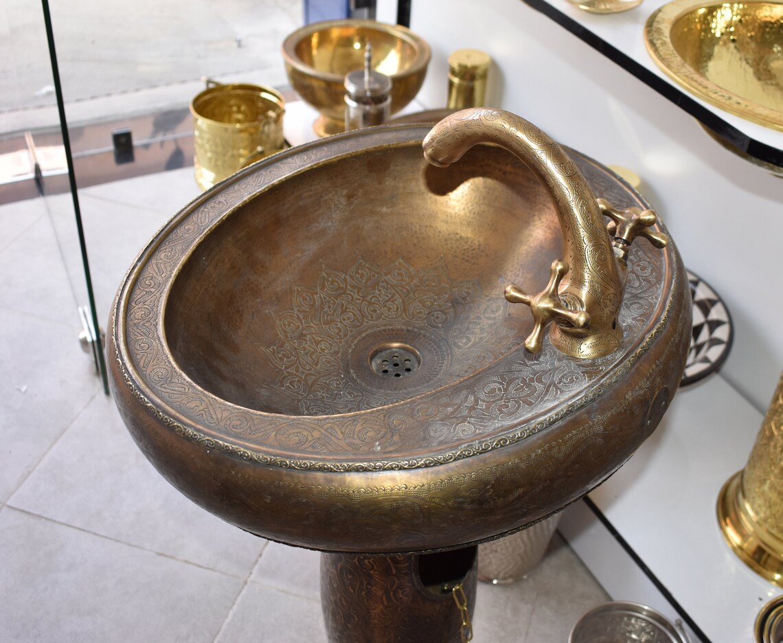Moroccan Brass Pedestal Sink with brass Faucet Double Handle Etsy
