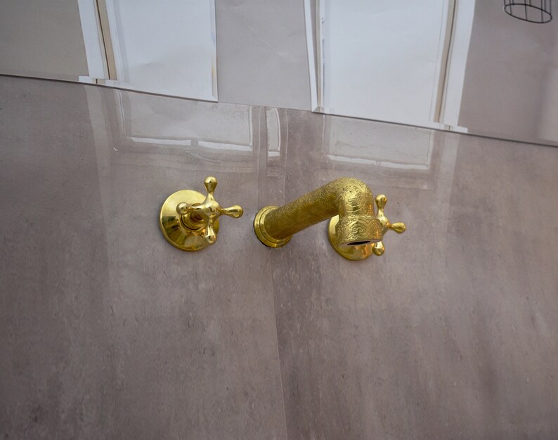Unlacquered Brass Wall Mounted Bathroom Sink Faucet Brass Etsy