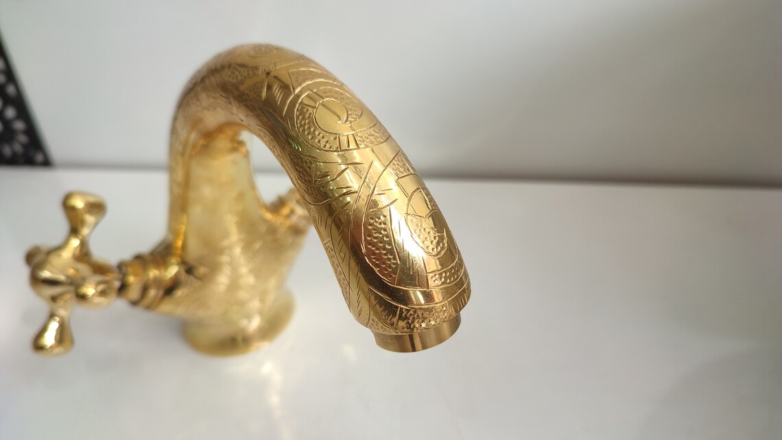 Unlacquered Brass Double handle bathroom sink faucet mixer tap Etsy