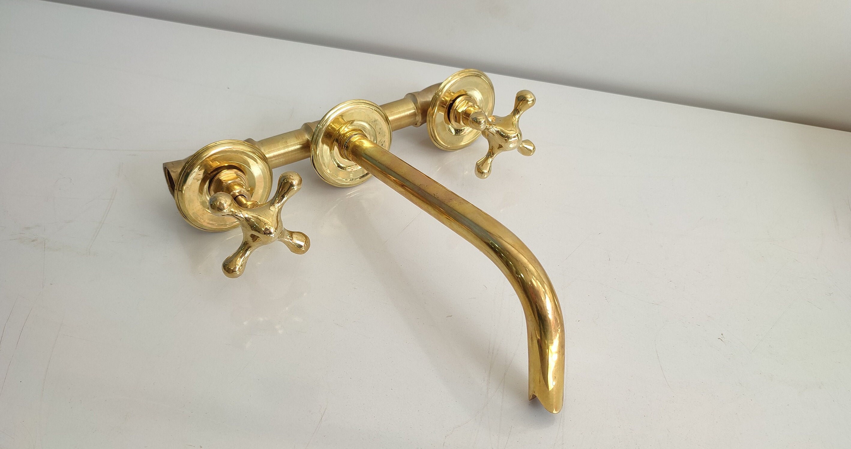 Unlacquered Brass Wall Mounted Bathroom Sink Faucet Etsy