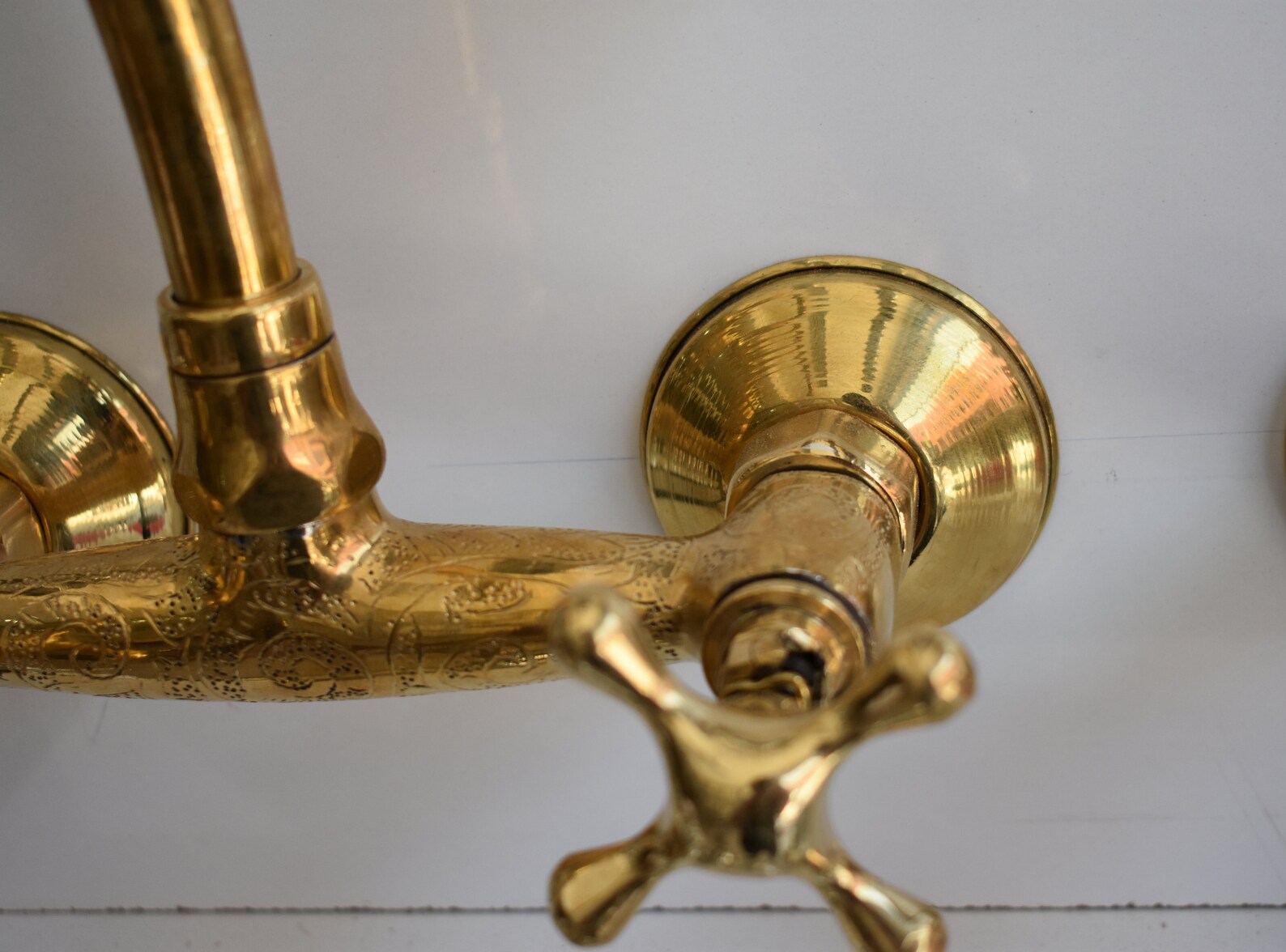 Brass Wall Mount Faucet Unlacquered Gooseneck Bathroom Faucet Etsy