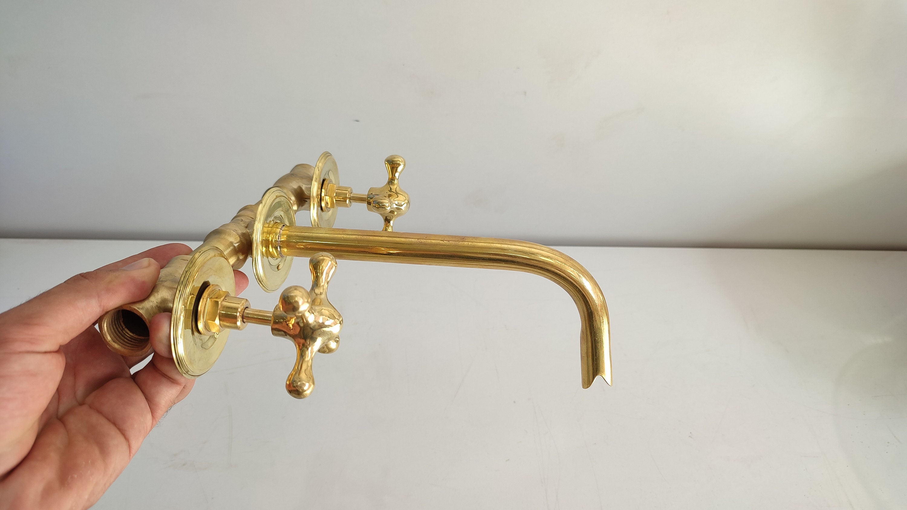 Unlacquered Brass Wall Mounted Bathroom Sink Faucet Etsy