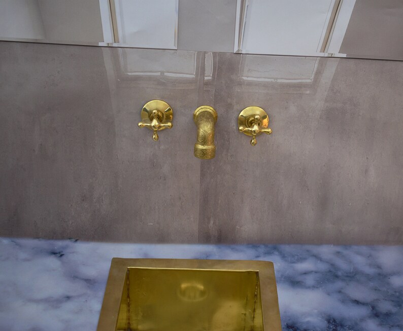 Unlacquered Brass Engraved Wall Mounted Bathroom Sink Faucet Etsy