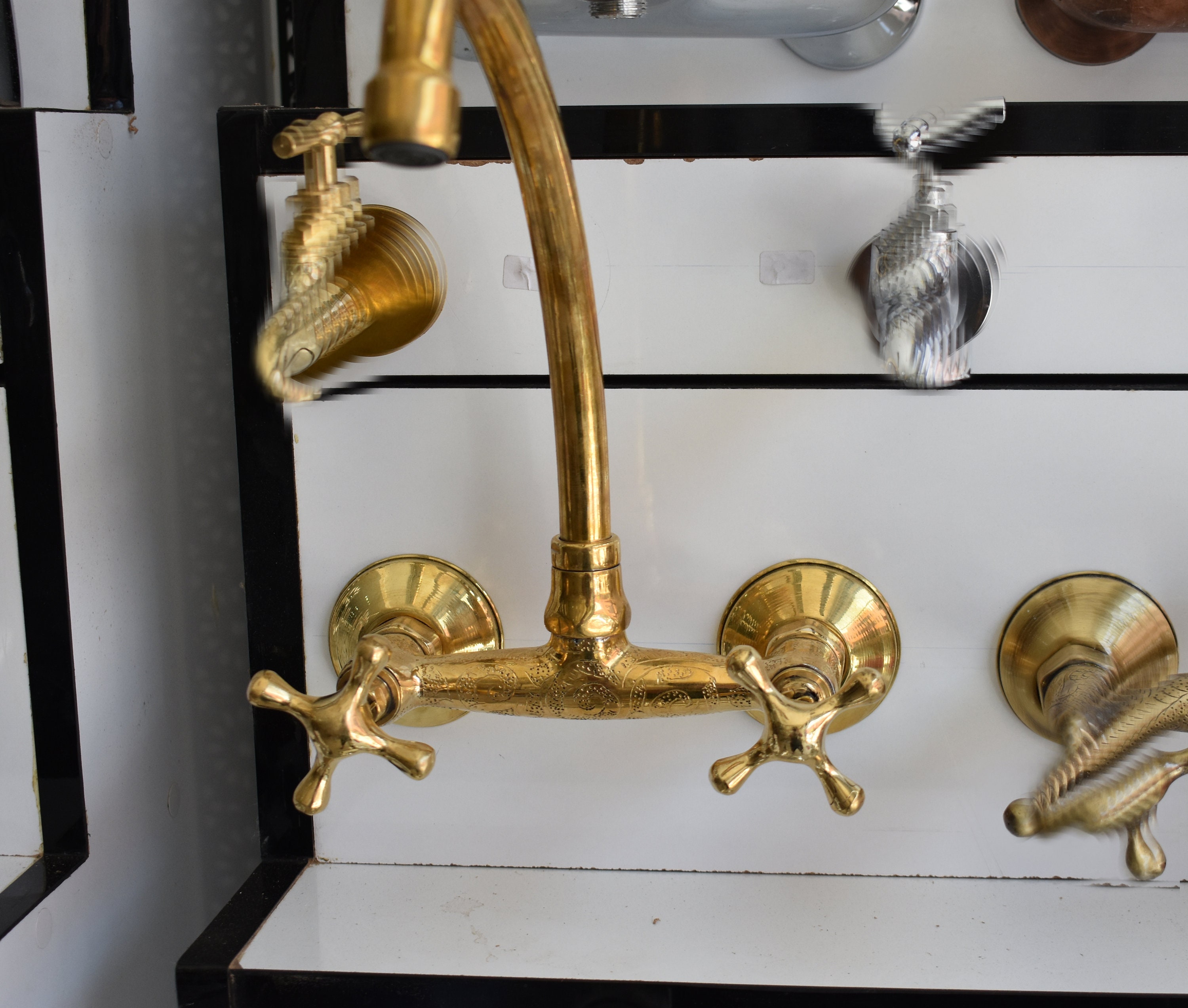 Brass Wall Mount Faucet Unlacquered Gooseneck Bathroom Faucet Etsy