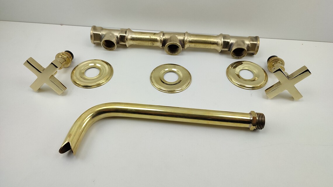 Unlacquered Brass Wall Mounted Bathroom Sink Faucet Etsy