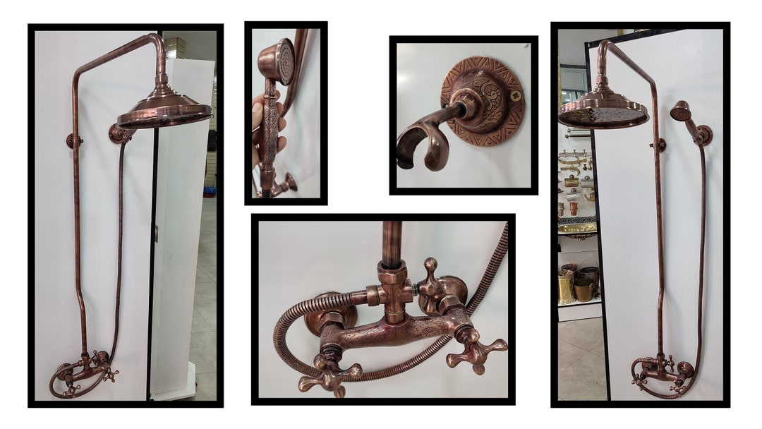 Exposed Copper Shower System, Round Copper Shower Head, Combo Handheld