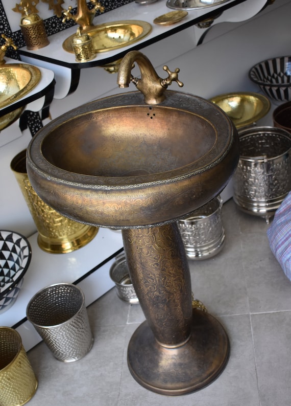 Moroccan Brass Pedestal Sink With Brass Faucet Double Handle