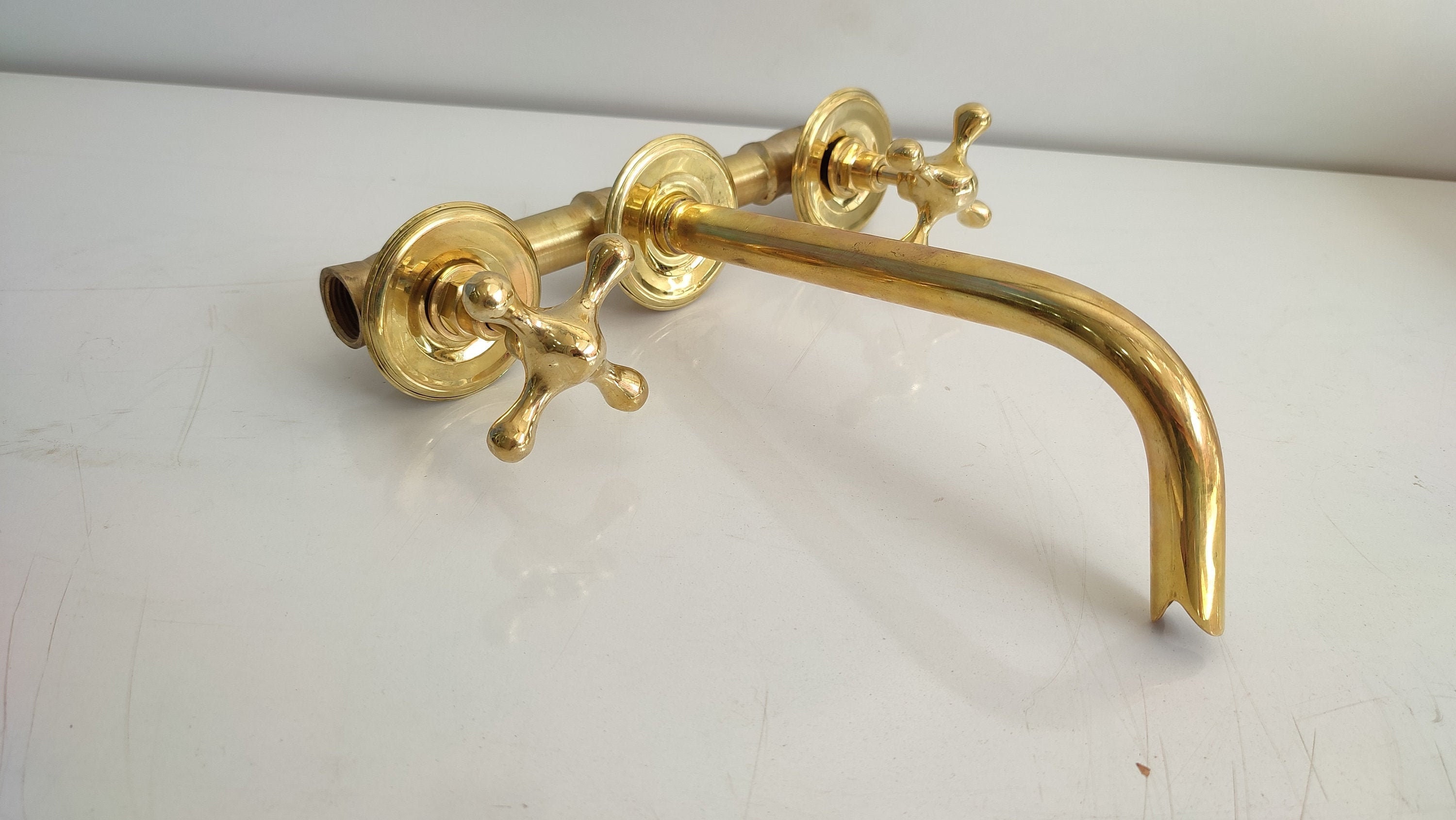 Unlacquered Brass Wall Mounted Bathroom Sink Faucet Etsy