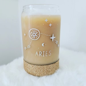 Beer Can Glass- Zodiac Sign- Coffee Glass- Iced Coffee Glass- Custom Glass Cup- Astrology- Soda Glass Can-Glitter Dipped Glass Can-Horoscope