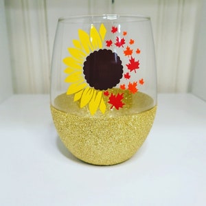 Sunflower Leaves Wine Glass- Stemless Glitter Wine Glass- Gift for Her- Sunflower- Wine- Wine Gift- Fall Wine Glass- Fall - Autumn - Leaves