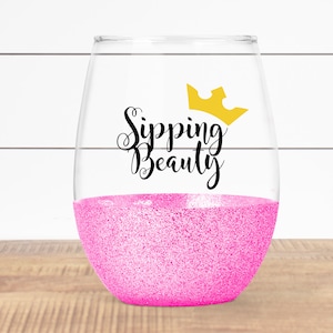 Sipping Beauty Wine Glass- Glitter Wine Glass- Stemless Glitter Dipped Wine Glass- Inspired Wine Glass- sleeping- crown- wine gift-disney