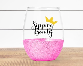 Sipping Beauty Wine Glass- Glitter Wine Glass- Stemless Glitter Dipped Wine Glass- Inspired Wine Glass- sleeping- crown- wine gift-disney