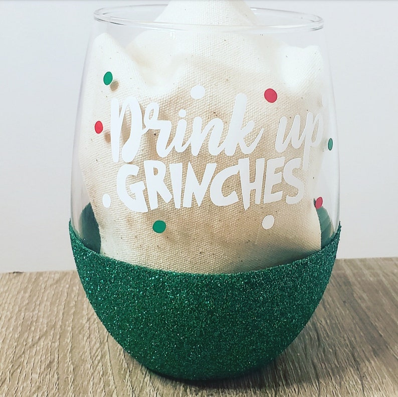 Drink Up Grinches Wine Glass Stemless Glitter Wine Glass
