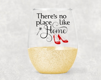 There&#39;s No Place Like Home Wine Glass - Stemless Glitter Dipped Wine Glass - Wine Tumbler- Wine- Wine Gift- Christmas Gift