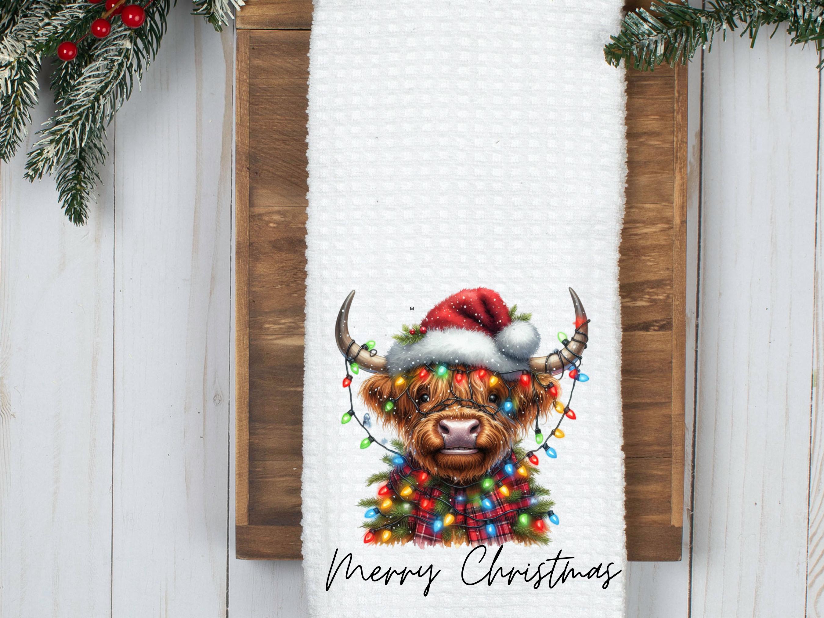 Christmas Lights Highland Cow Towel- Christmas Kitchen Towel- Tea Towel- Dish Towel- Christmas Kitchen Decor- Christmas Decor- Home Decor
