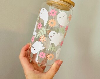 Ghost with Wildflowers-Glass Can- Halloween- Iced Coffee Glass- Glass Can- Glass Cup-Beer Can Glass-Libbey- Fall Glass Can- Pumpkin- Ghost
