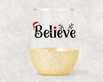 Christmas Wine Glass- Stemless Glitter Wine Glass- Believe- Christmas Movie Wine Glass- Santa- Wine Tumbler- Christmas Gift- Glitter Dipped