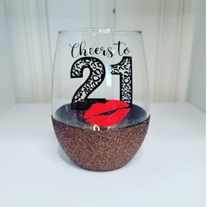 Vive 21 verres à vin- Verre à vin d’anniversaire- Vingt et un- 21e anniversaire-Verre à vin trempé à paillettes- Tumbler à vin- Cadeau d’anniversaire personnalisé