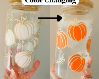 Color Changing Pumpkin Glass Can- Halloween- Iced Coffee Glass- Glass Can- Glass Cup-Beer Can Glass-Libbey- Fall Glass Can- Pumpkins-Sparkle