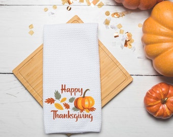 Happy Thanksgiving Kitchen Towel-Fall Kitchen Towel-Tea Towel- Dish Towel- Fall Kitchen Decor- Fall Decor- Waffle Towel- Pumpkins- Leaves