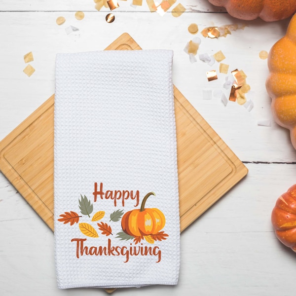 Happy Thanksgiving Kitchen Towel-Fall Kitchen Towel-Tea Towel- Dish Towel- Fall Kitchen Decor- Fall Decor- Waffle Towel- Pumpkins- Leaves