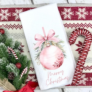 Pink Christmas Ornament Kitchen Towel-Tea Towel-Dish Towel-Christmas Kitchen Decor-Christmas Decor-Home Decor-Waffled- Merry Christmas