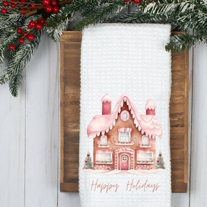 Pink Gingerbread Christmas Kitchen Towel-Tea Towel-Dish Towel-Christmas Kitchen Decor-Christmas Decor-Home Decor-Waffled- Happy Holidays