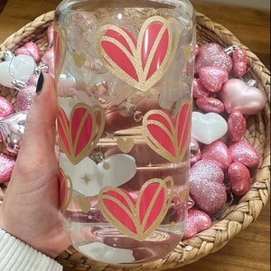 Color Changing Hearts Glass Can- Coffee Glass- Iced Coffee Glass- Holiday Glass- Valentines Glass Can- Libbey- Heart Glass- Pink Valentines