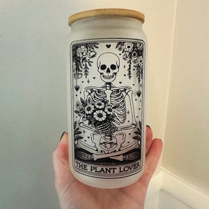 Vaso de vidrio esmerilado con la carta del Tarot de los amantes de las plantas - Vaso para niñas - Vaso para amantes de las plantas - Tapa y pajita de bambú - Vaso de café helado - Halloween