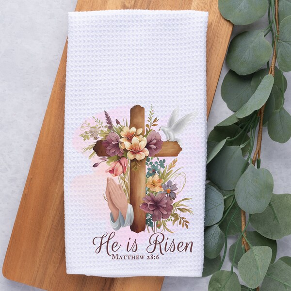 Easter Kitchen Towel- He Is Risen-Easter Tea Towel-Dish Towel-Spring Kitchen Decor-Easter Decor-Home Decor-Waffle-Easter Bunny- Spring Decor