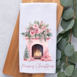 Pink Christmas Kitchen Towel-Tea Towel-Dish Towel-Christmas Kitchen Decor-Christmas Decor-Home Decor-Waffled- Fireplace- Merry Christmas