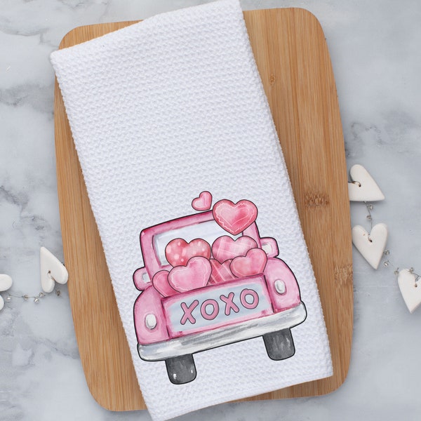 Valentines Day Kitchen Towel- Valentines Truck Tea Towel-Dish Towel-Valentine Kitchen Decor-Valentine Decor-Home Decor-Waffle-Balloon Hearts