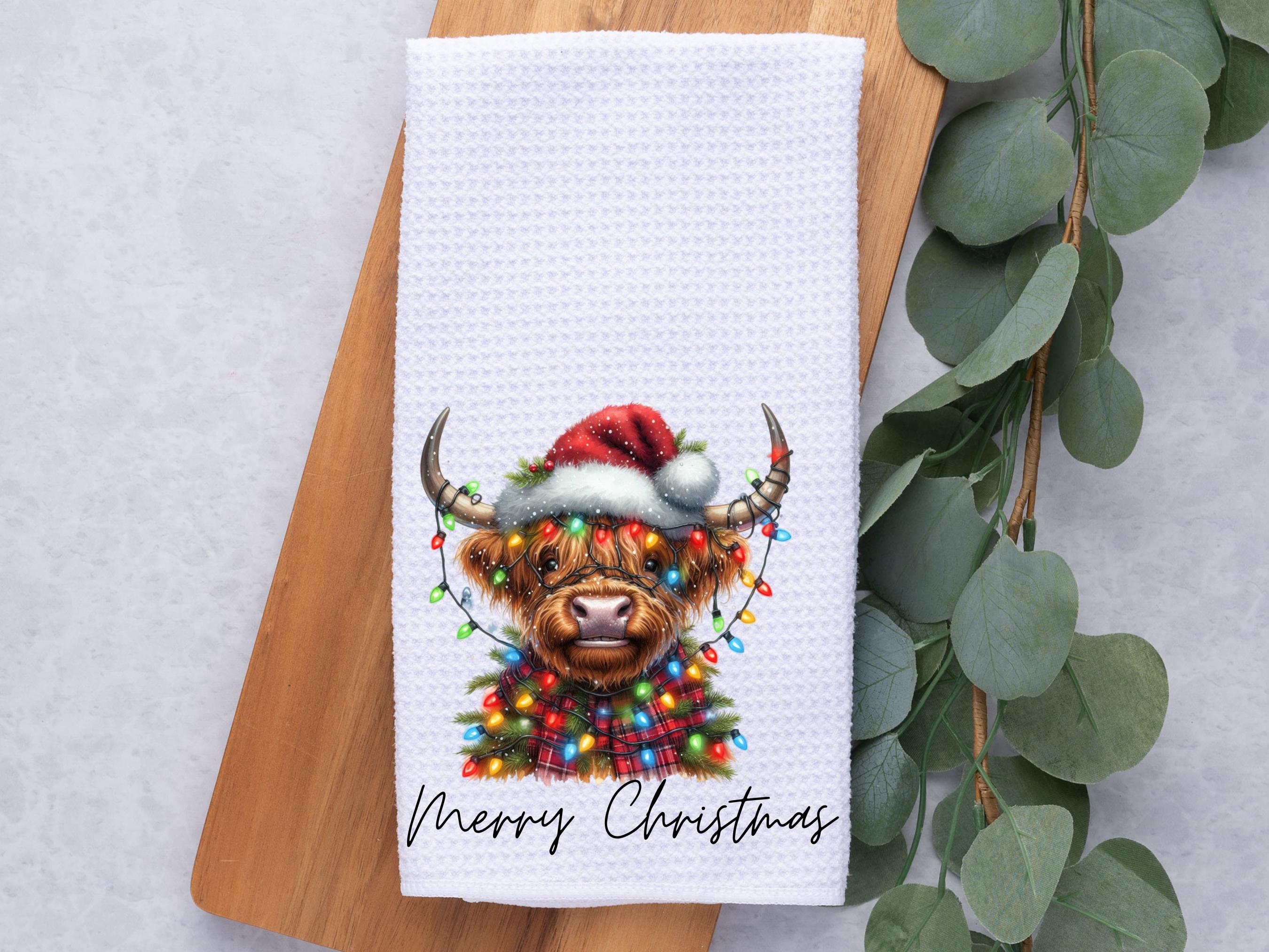 Christmas Lights Highland Cow Towel- Christmas Kitchen Towel- Tea Towel- Dish Towel- Christmas Kitchen Decor- Christmas Decor- Home Decor