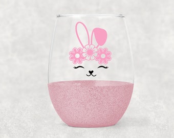 Floral Bunny Wine Glass- Glitter Wine Glass- Easter Wine Glass- Easter Gift- Glitter Dipped Wine Glass- Wine Tumbler- Bunnies- Easter-Wine