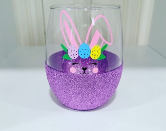 Easter Bunnies Wine Glass- Glitter Wine Glass- Easter Wine Glass- Easter Gift- Glitter Dipped Wine Glass- Wine Tumbler- Bunnies- Easter-Wine