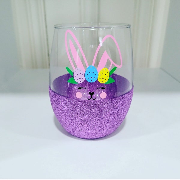 Easter Bunnies Wine Glass- Glitter Wine Glass- Easter Wine Glass- Easter Gift- Glitter Dipped Wine Glass- Wine Tumbler- Bunnies- Easter-Wine