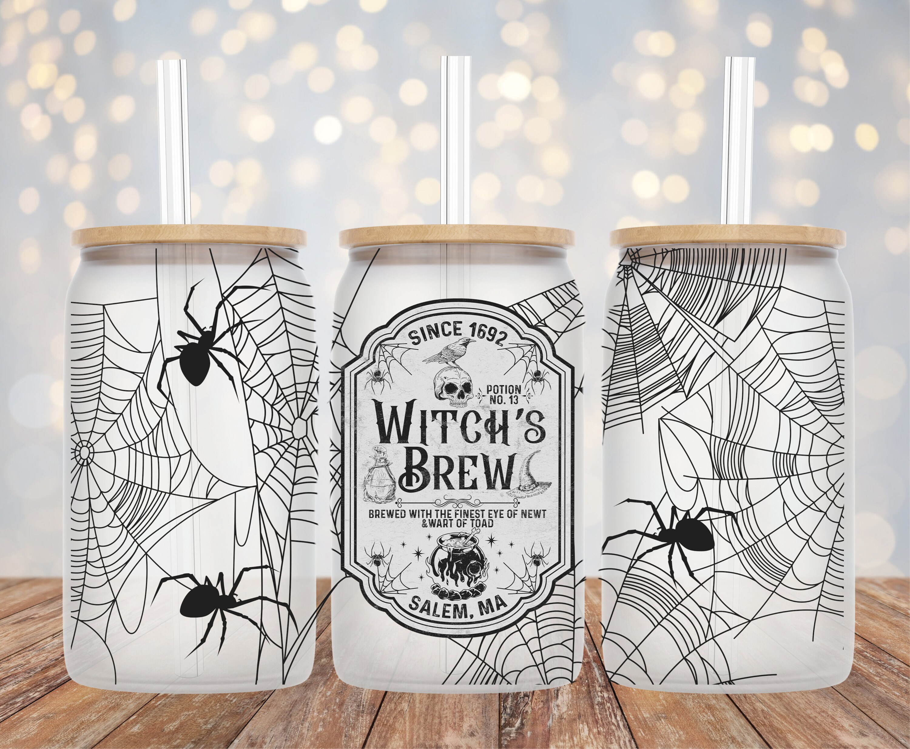 Witches Brew Frosted Glass Cup With Bamboo Lid and Straw, Funny Hallow –