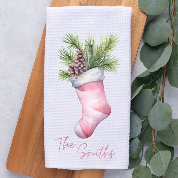 Pink Christmas Stocking Kitchen Towel-Tea Towel-Dish Towel-Christmas Kitchen Decor-Christmas Decor-Home Decor-Waffled-Personalized Kitchen