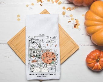 Halloween Town- Fall Kitchen Towel- Tea Towel- Dish Towel- Fall Kitchen Decor- Fall Decor- Pumpkin- Halloween- Waffle Towel-