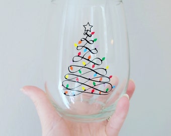 Christmas Tree Lights Wine Glass- Wine Glass- Christmas Wine Glass- Wine Gift- Christmas Lights- Wine Tumbler- Christmas Gift- Tree Design