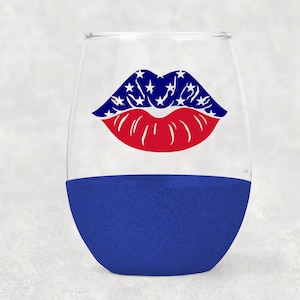 American Lips Wine Glass- 4th Of July- Stemless Glitter Wine Glass- Patriotic- Wine- -America- July 4th Party- Red white blue- Wine Gift